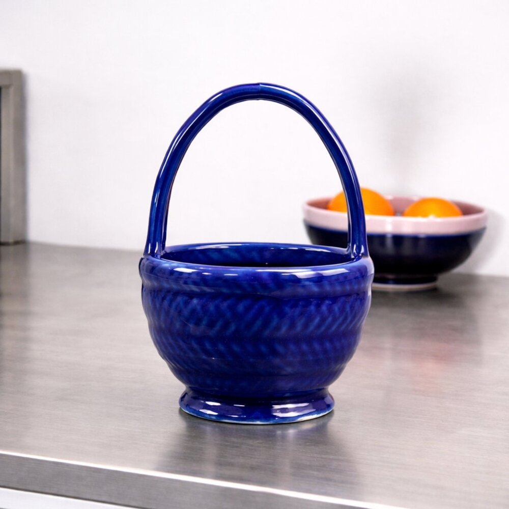 Vintage‎ Blue Sapphire Ceramic Basket Trinket Holder Decorative Pottery Bowl VTG